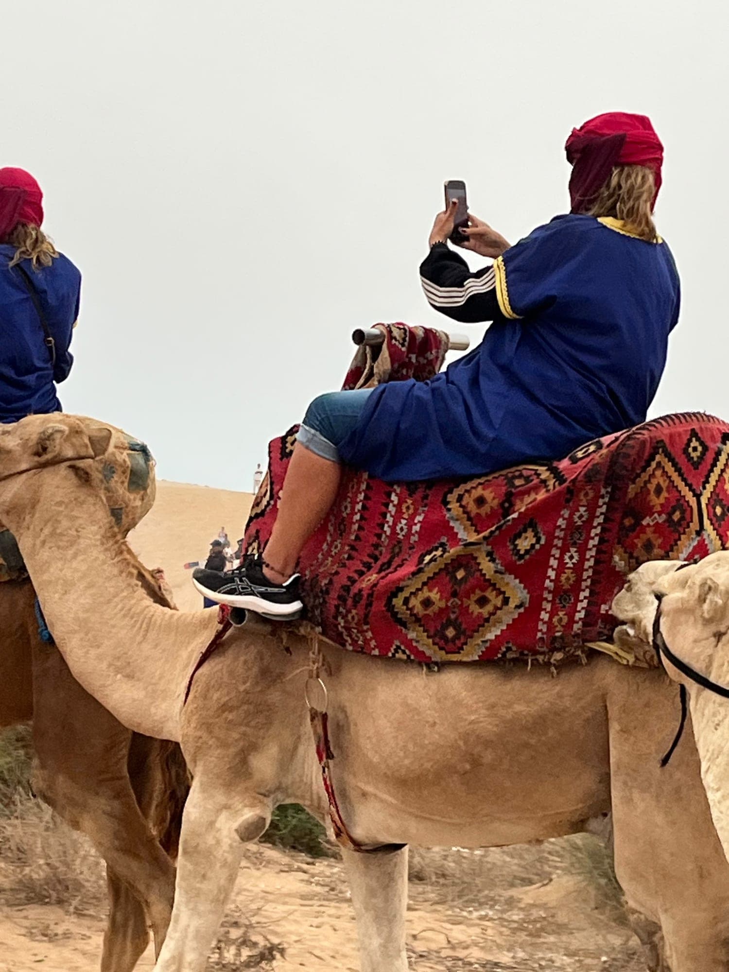 Camel with a red Berber-pattern saddle blanket and a rider taking photos during the Timlalin camel ride